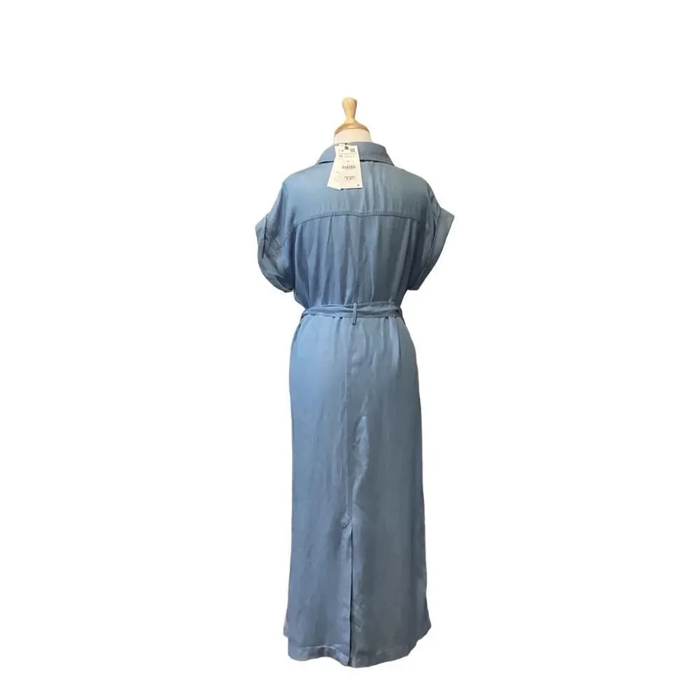 New Zara soft denim Shirt Midi Maxi belted Dress size Medium linen blend